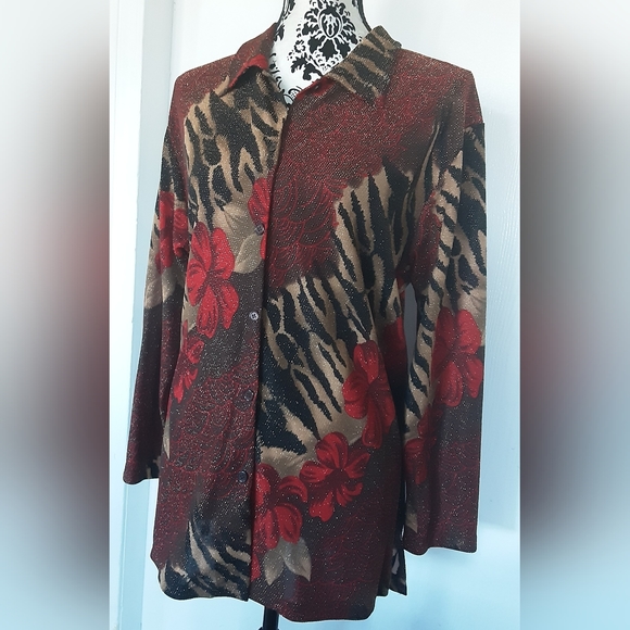 RED HIBISCUS & TIGER STRIPE BLOUSE M - Picture 2 of 5